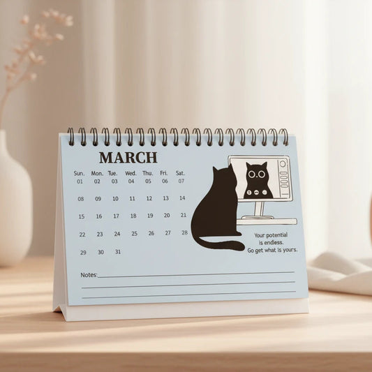 2026 flip desk calendar featuring cute illustrated cats for each month