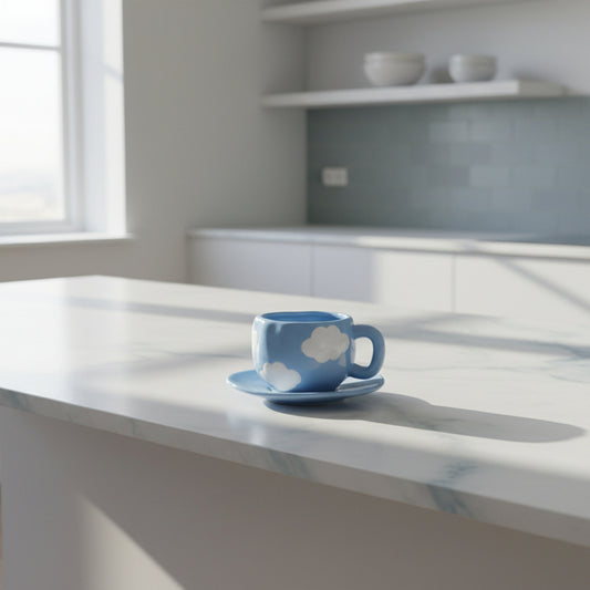 Blue cloud mug and saucer styled in a calm, minimalist setting with soft natural light