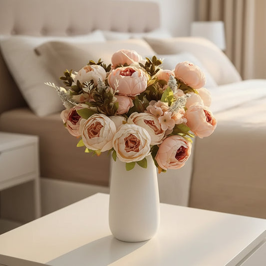 Nearly natural faux peony arrangement in champagne blush, 17 inches tall, perfect for a bedside table or office desk