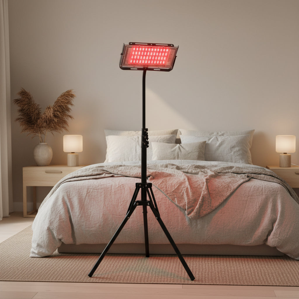 LED panel light on a stand with pink lighting on a white background