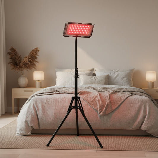 LED panel light on a stand with pink lighting on a white background
