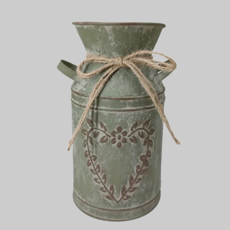 Antique style distressed sage green milk jug vase with embossed heart motif and twine bow, rustic farmhouse vase for dried flowers and slow living home decor
