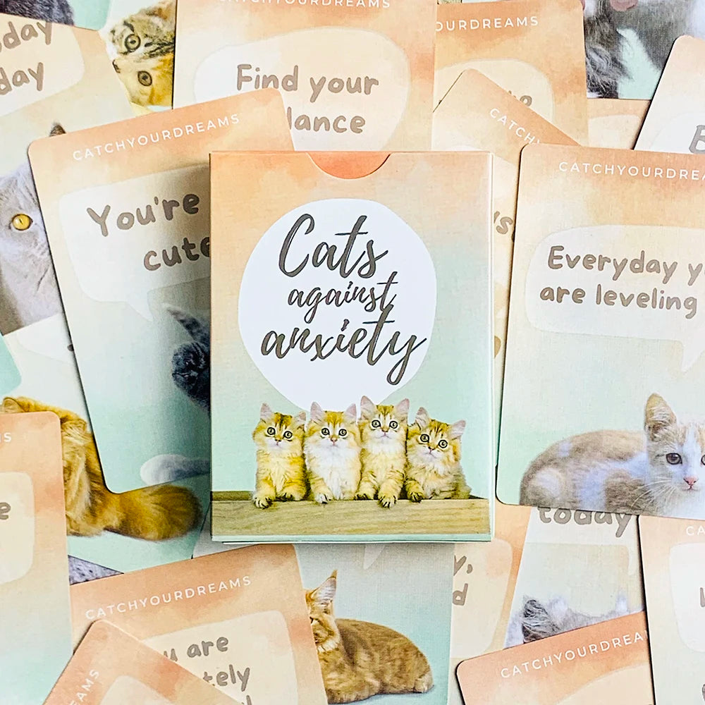 Anxiety self-care card deck featuring cute cats with different expressions
