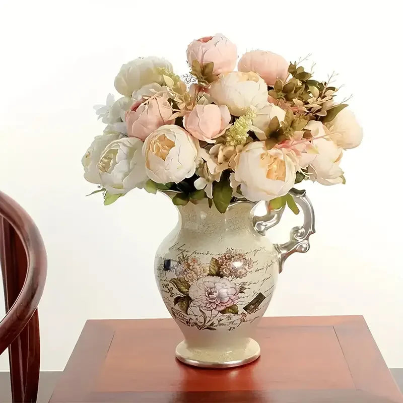 Artificial champagne peony floral arrangement with lush silk blooms, no vase included, styled in a cozy home setting