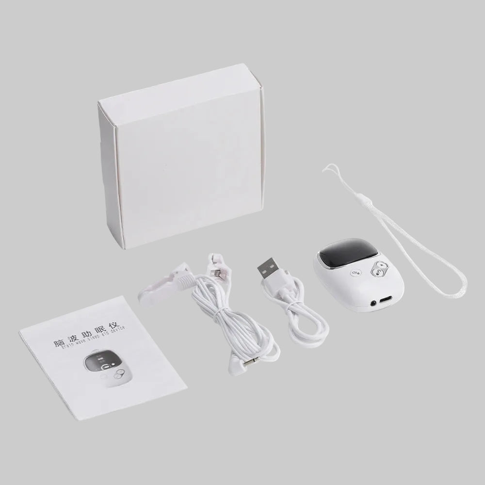 CES ear clip sleep aid device showing ear attachment for cranial electrotherapy stimulation — drug-free anxiety and insomnia relief