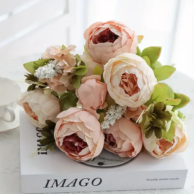 Champagne peony faux arrangement with 13 silk blooms, soft blush tones, perfect for soothing home and office decor