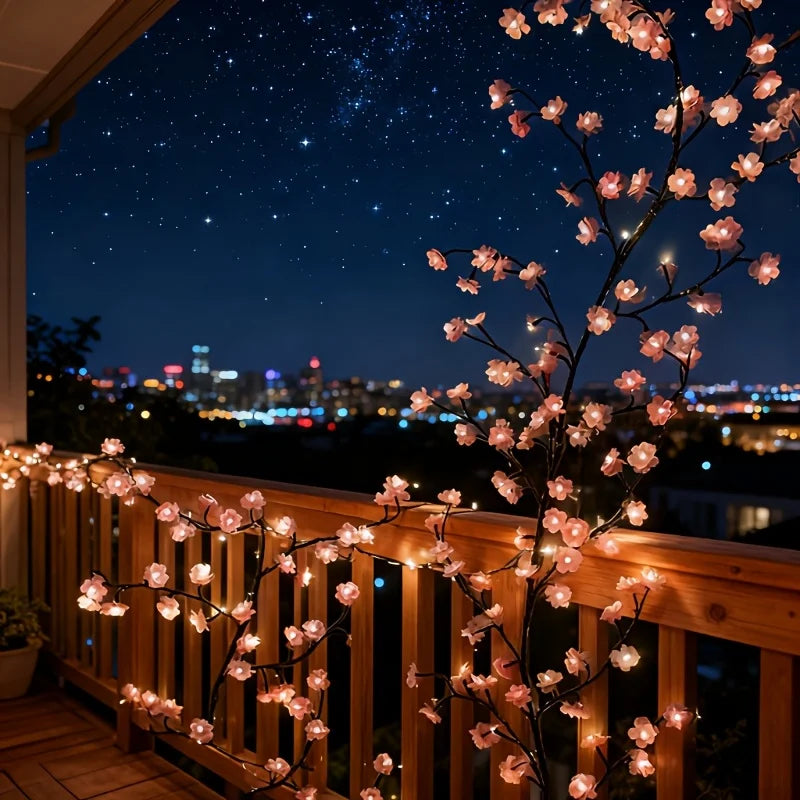 Cherry blossom lights wall decor casting a warm ambient glow in a calm bedroom, soothing interior design for high-functioning women in chronic stress
