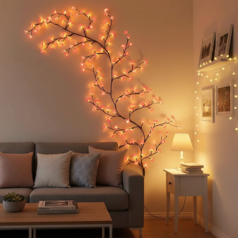 Cherry blossom wall light with warm glowing pink blossoms on a branch, mounted on a bedroom wall as soothing room decor for stress relief