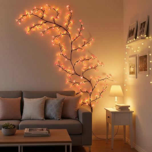 Cherry blossom wall light with warm glowing pink blossoms on a branch, mounted on a bedroom wall as soothing room decor for stress relief