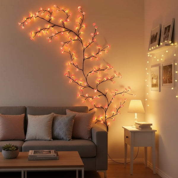 Cherry blossom wall light with warm glowing pink blossoms on a branch, mounted on a bedroom wall as soothing room decor for stress relief