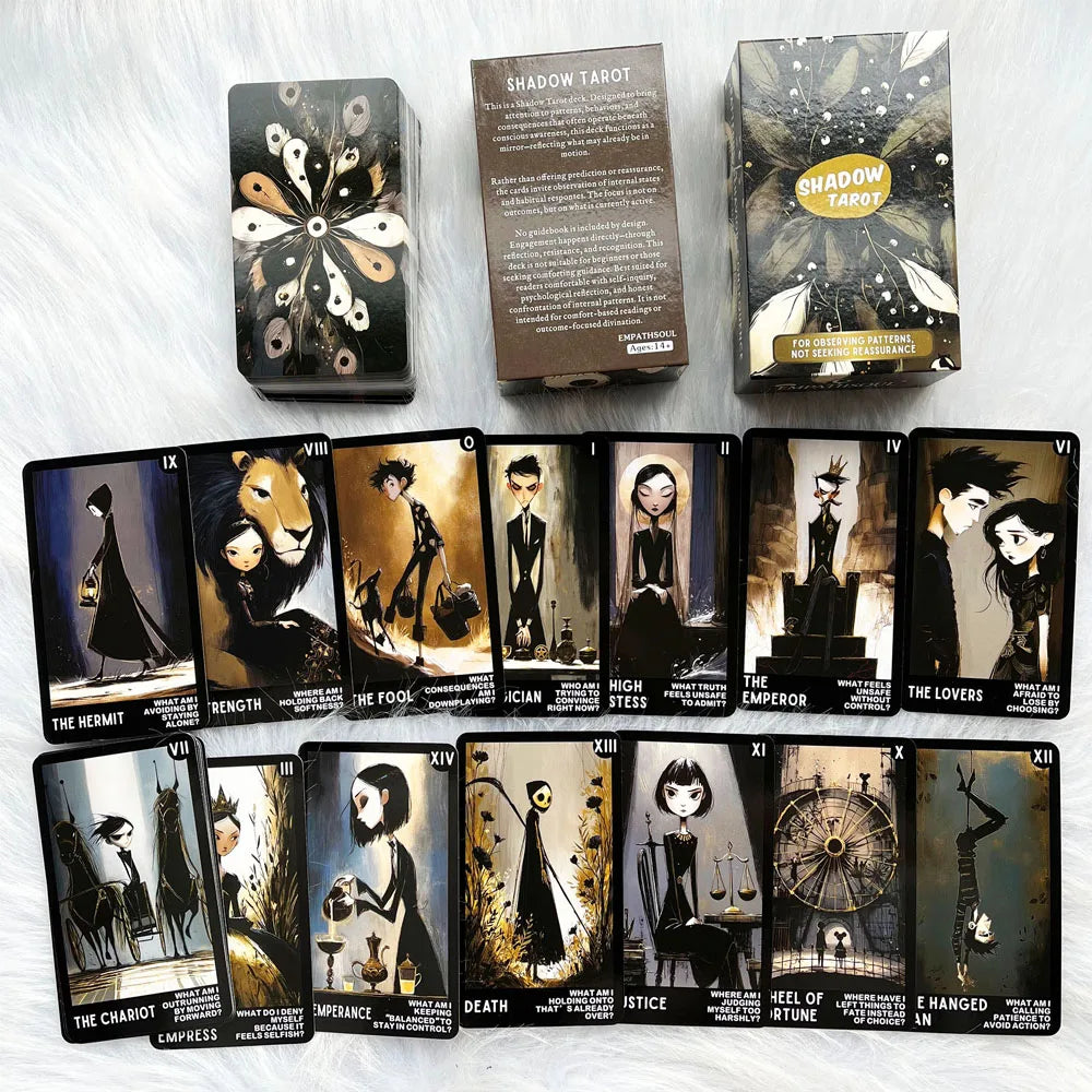 Close-up of Shadow Tarot Cards for self-discovery, anger management strategies, emotional awareness, shadow work, and mindfulness practices.