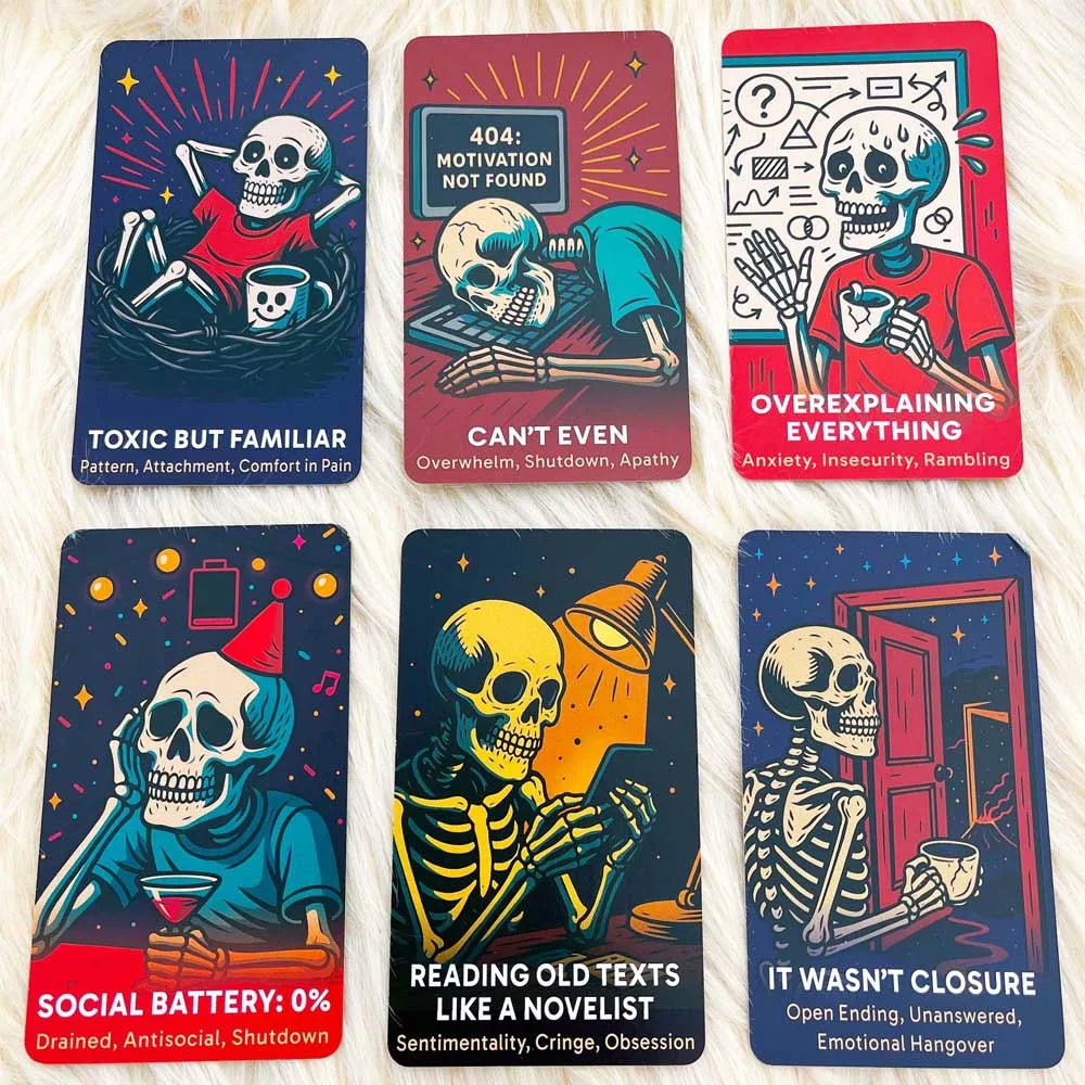 Close-up of The Dead Inside Deck card designs showing dark humor quotes