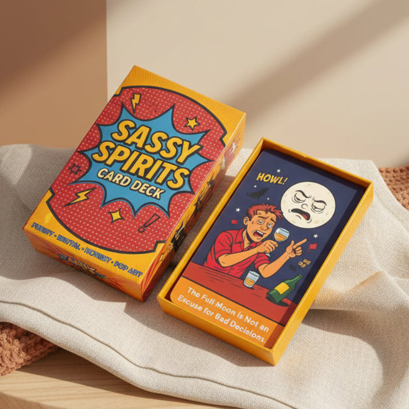 Colorful oracle cards with bold Pop Art illustrations and funny self-reflection messages