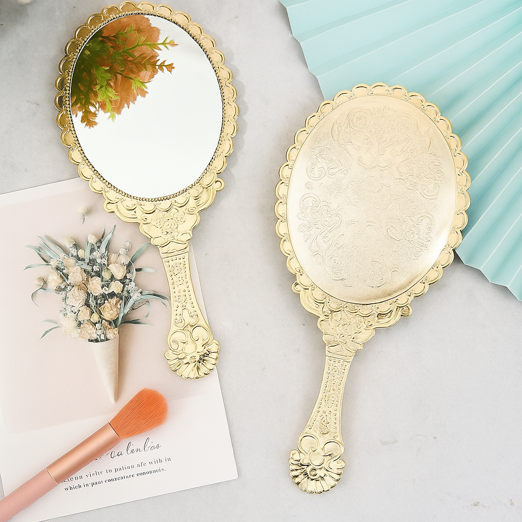 Compact rose gold retro handheld mirror, feminine travel beauty accessory