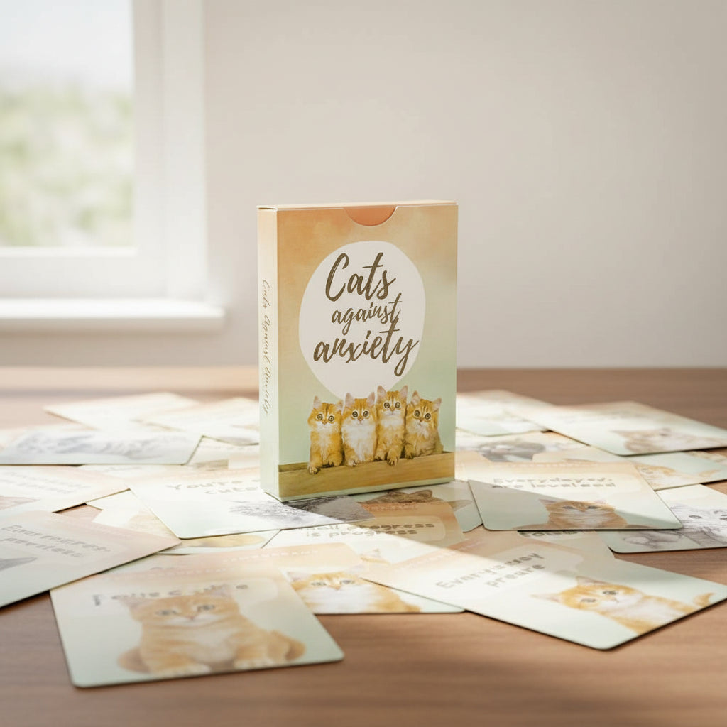 Cute cat-themed anxiety relief cards with positive messages and calming activities