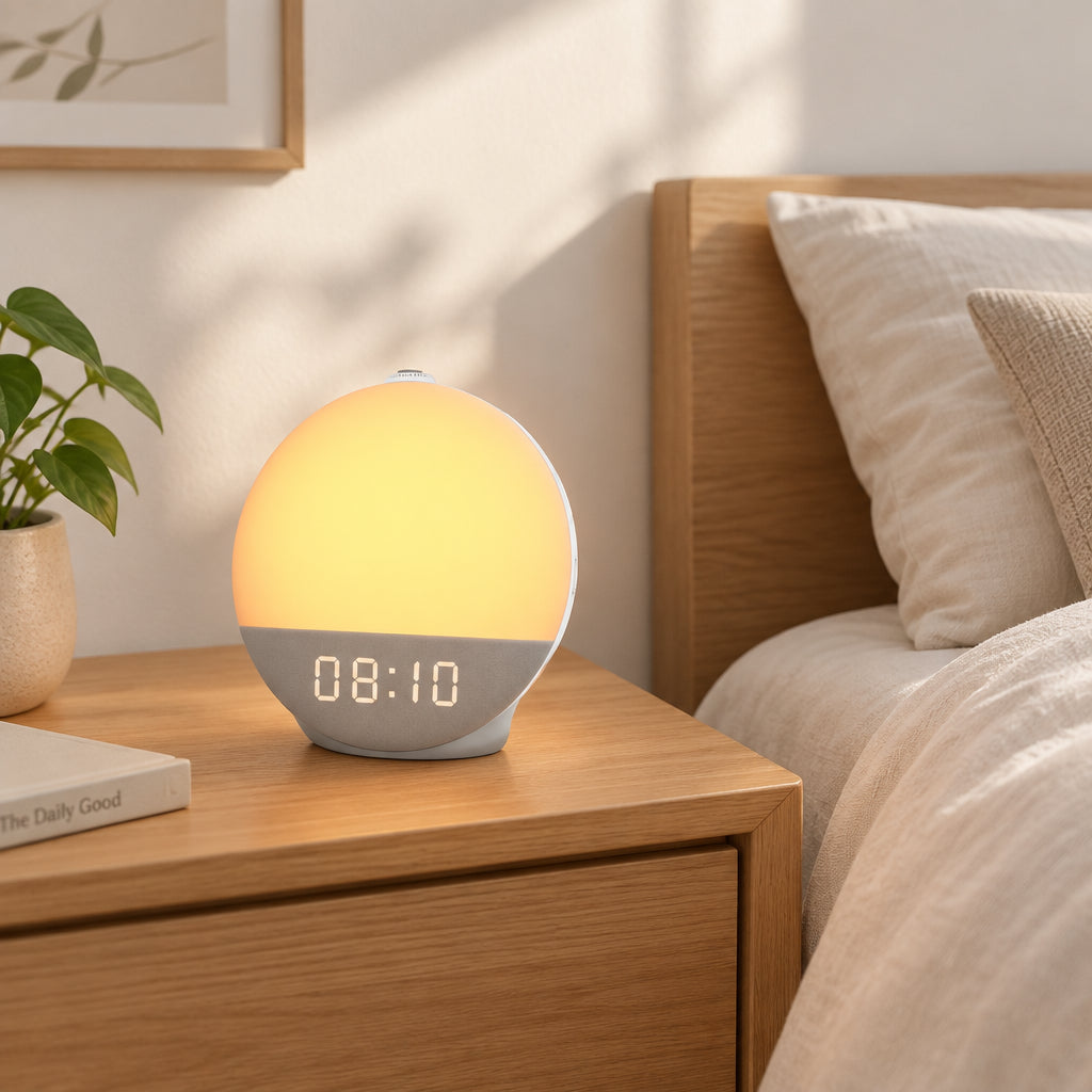Digital clock with a warm glow on a wooden surface, sunset in the background