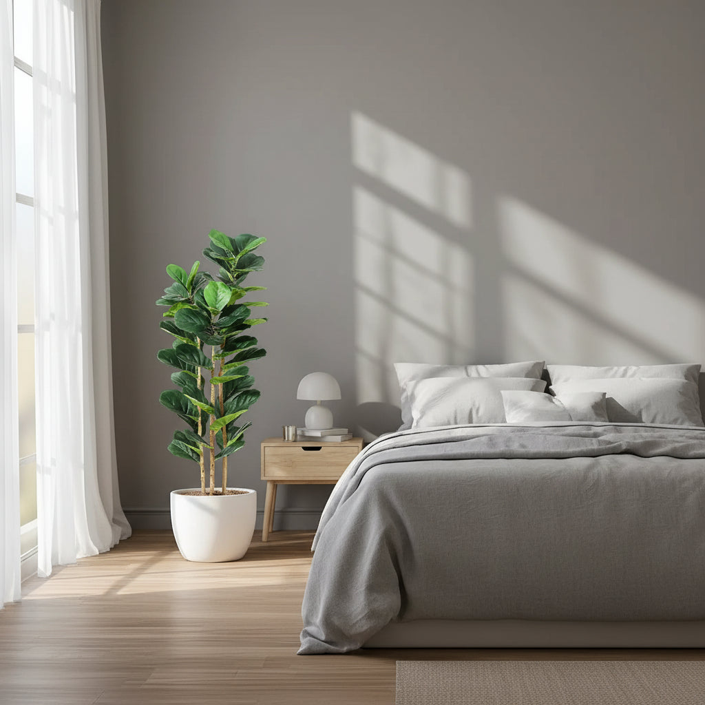 Faux indoor fiddle leaf fig plant with realistic green leaves and pot for bedroom décor