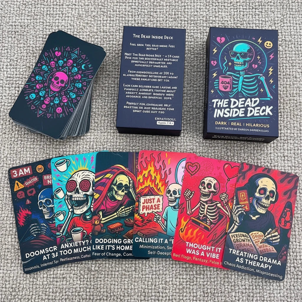 Humorous self-care cards for anxiety, burnout, and emotional wellness.