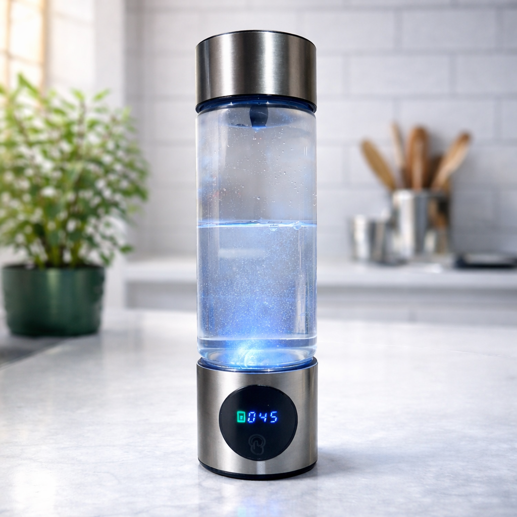Hydrogen water bottle with digital display on a kitchen counter