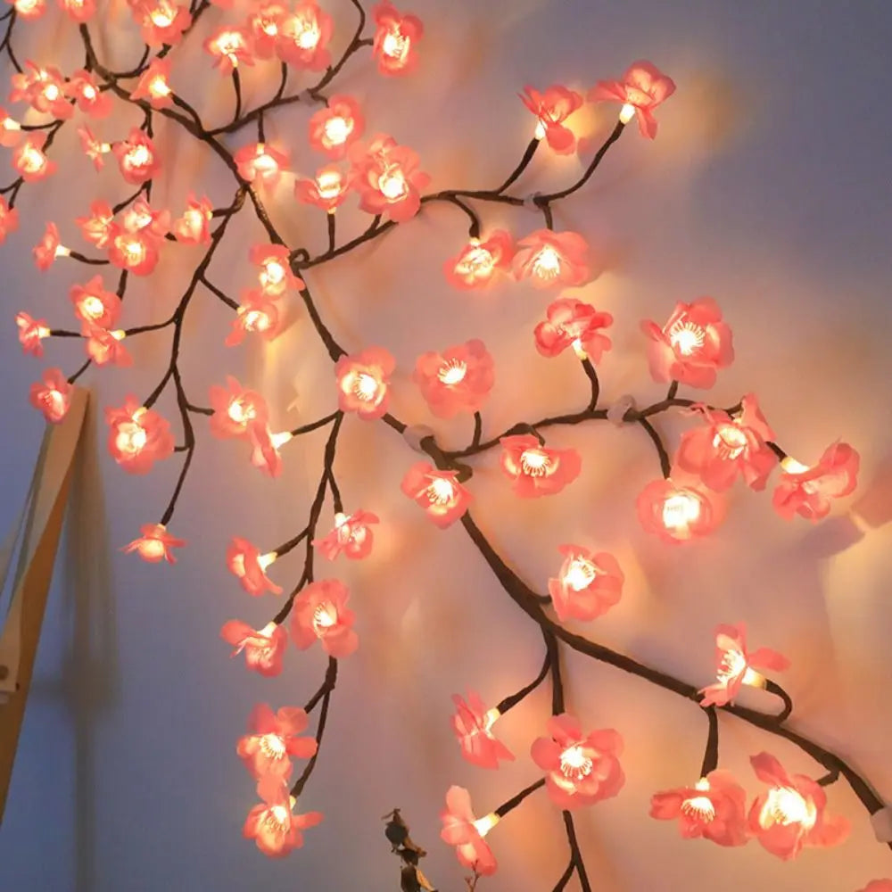 Japanese cherry blossom branch tree light with 96 soft pink LED blossoms, USB-powered soothing wall decor for nervous system wind-down