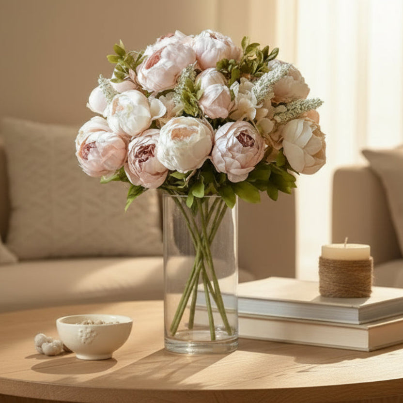 Large champagne peony silk flower arrangement with 13 full blooms in a soft blush tone, styled on a coffee table