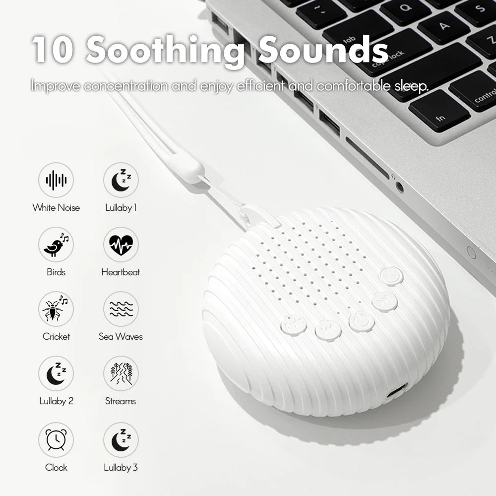 Minimalist white noise sound machine with soft silicone finish and compact portable design