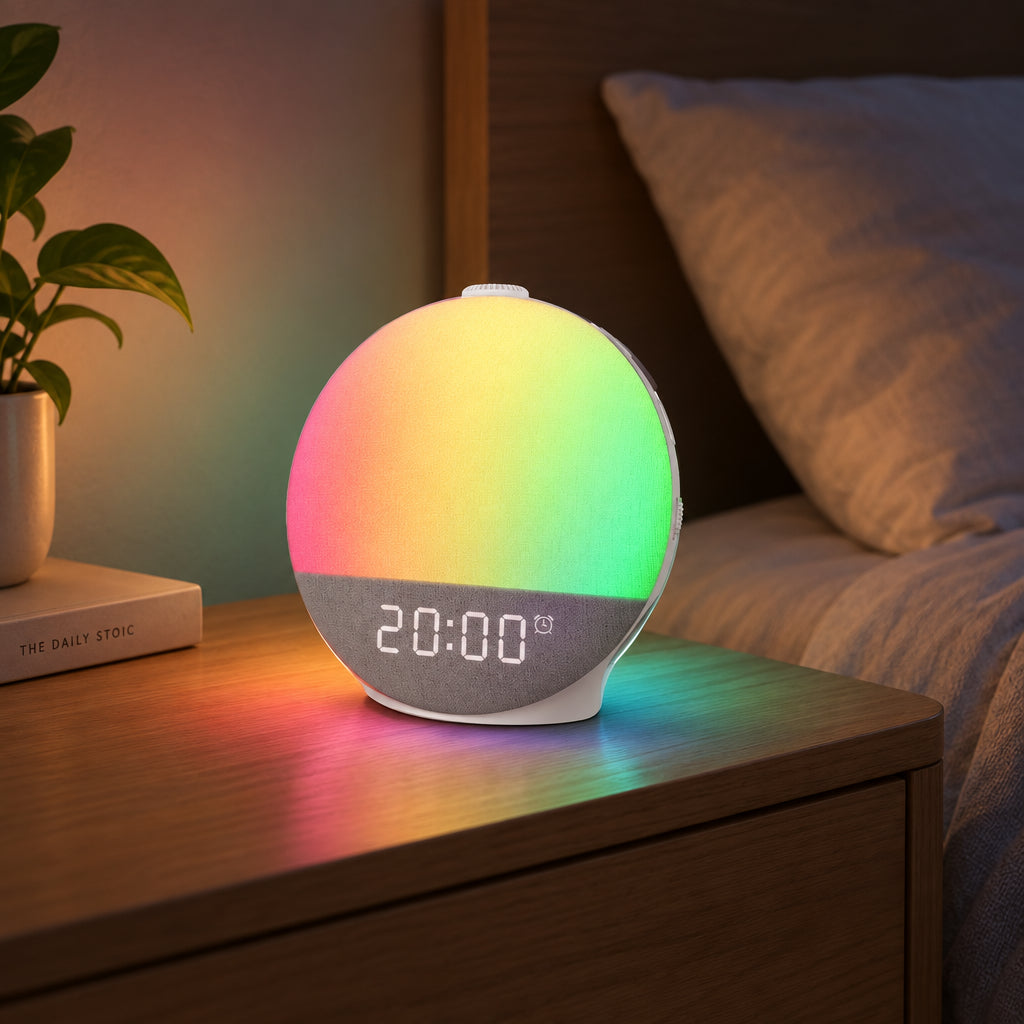 Multifunctional alarm clock with Bluetooth speaker and RGB lighting in a bedroom setting.
