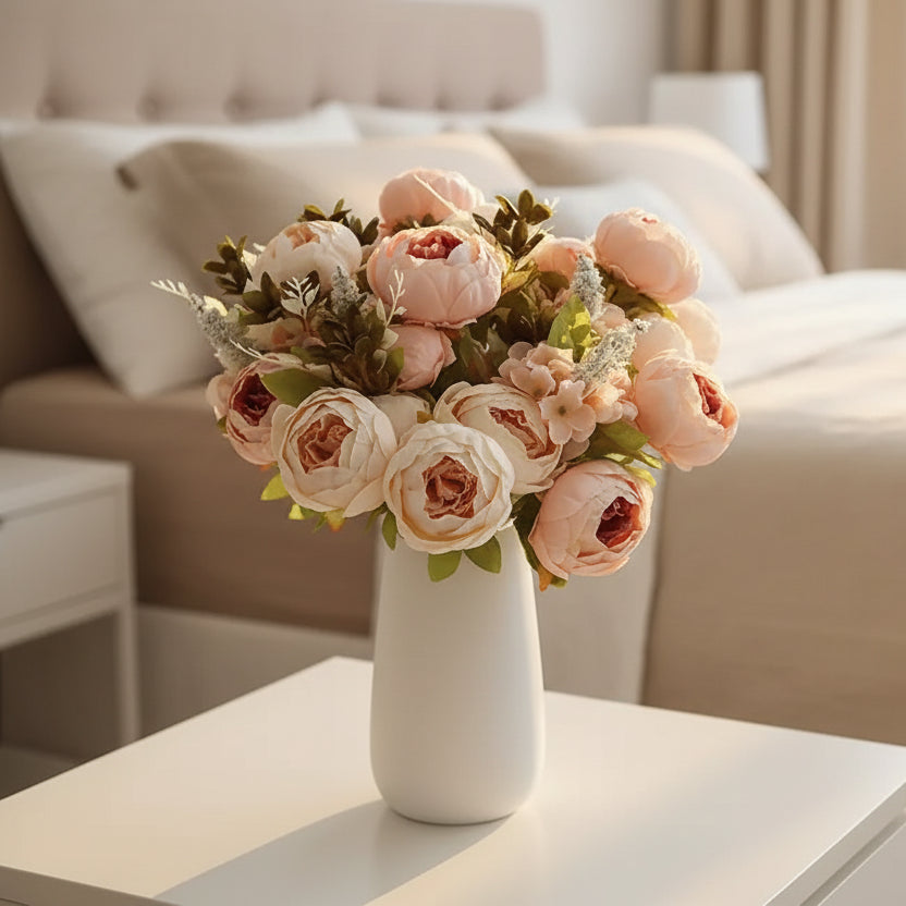 Nearly natural faux peony arrangement in champagne blush, 17 inches tall, perfect for a bedside table or office desk