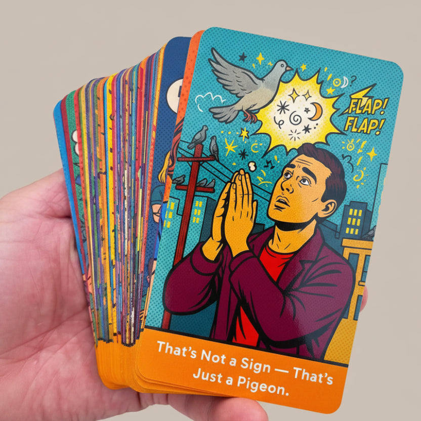 Pop Art–inspired oracle card deck with loud colors, comic flair, and bold spiritual messages
