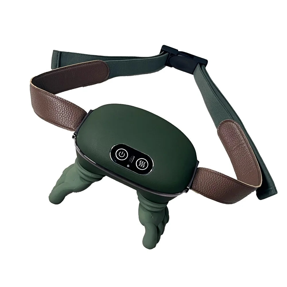 Rechargeable neck massager showing control buttons and multiple intensity levels for stress relief