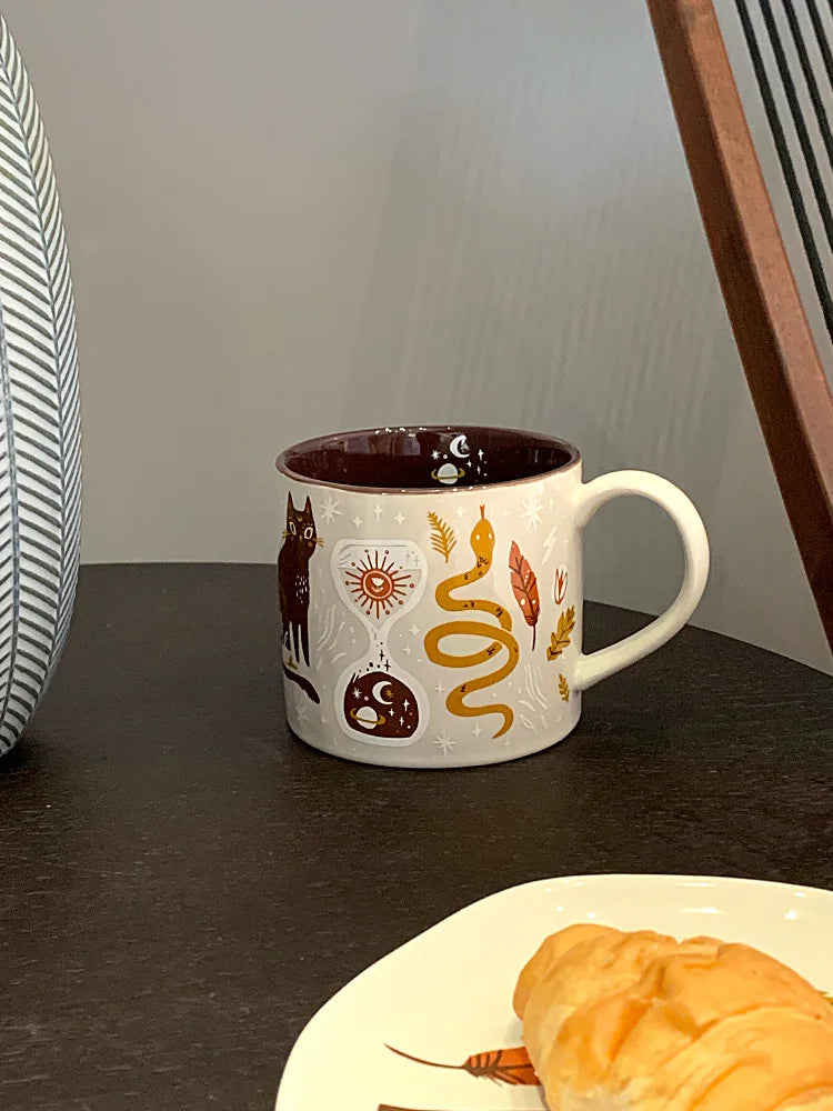 Cozy Autumn Ritual Mug & Saucer Set – Rustic Ceramic Fall & Halloween Coffee Cup