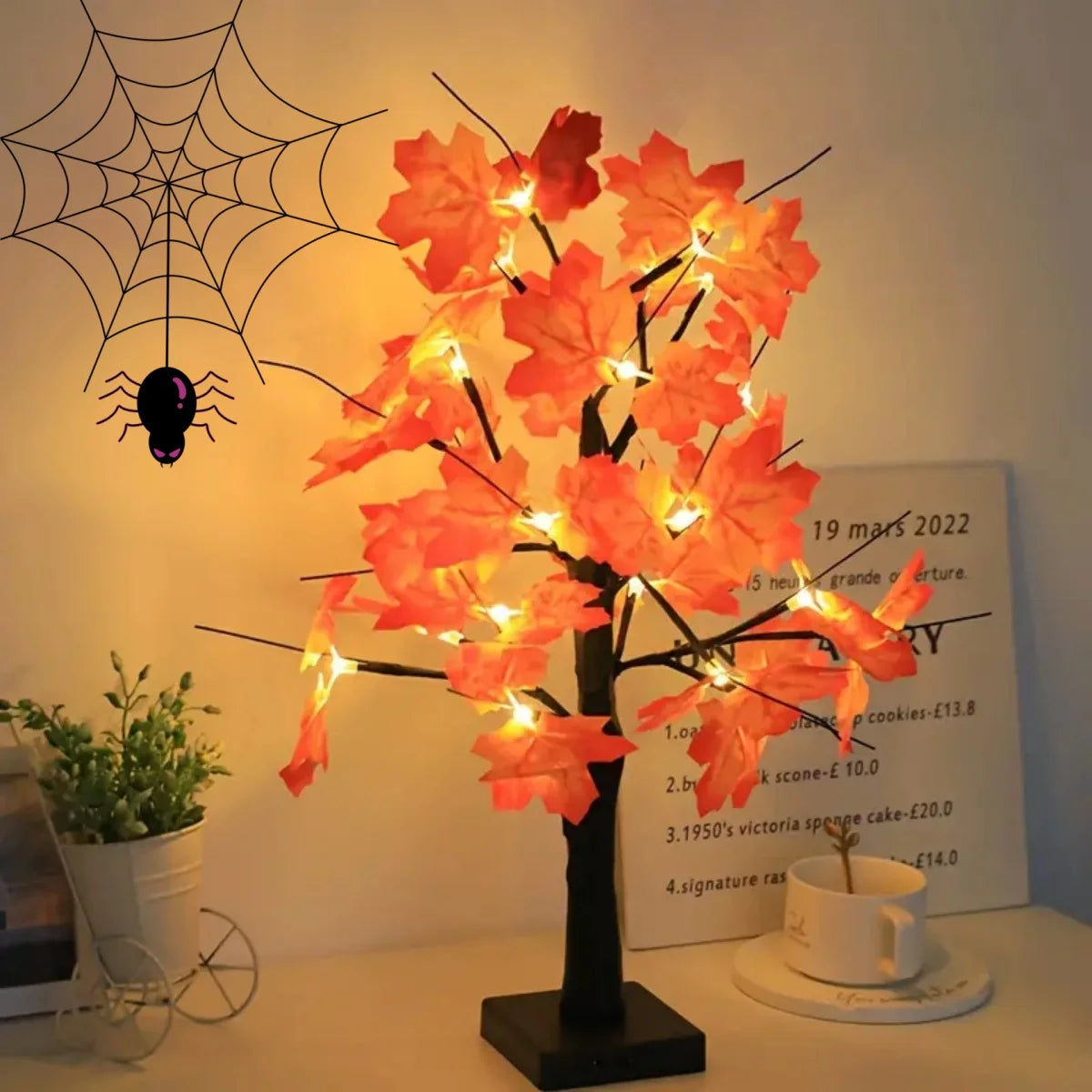 Autumn Maple Leaf LED Tree Lamp – Cozy Fall & Halloween Decor Light for Home or Apartment