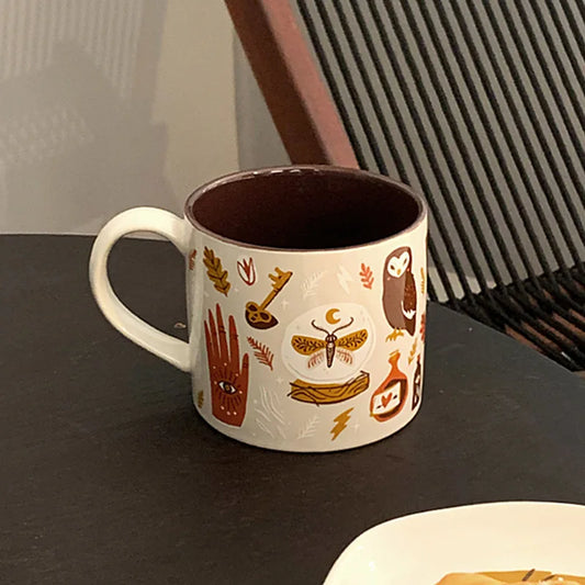 Cozy Autumn Ritual Mug & Saucer Set – Rustic Ceramic Fall & Halloween Coffee Cup