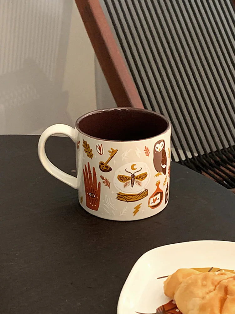 Cozy Autumn Ritual Mug & Saucer Set – Rustic Ceramic Fall & Halloween Coffee Cup