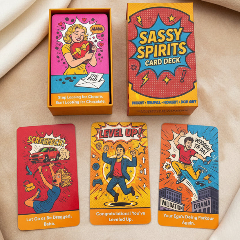 Sassy Spirits card deck featuring comic-style Pop Art design and unapologetically sassy guidance