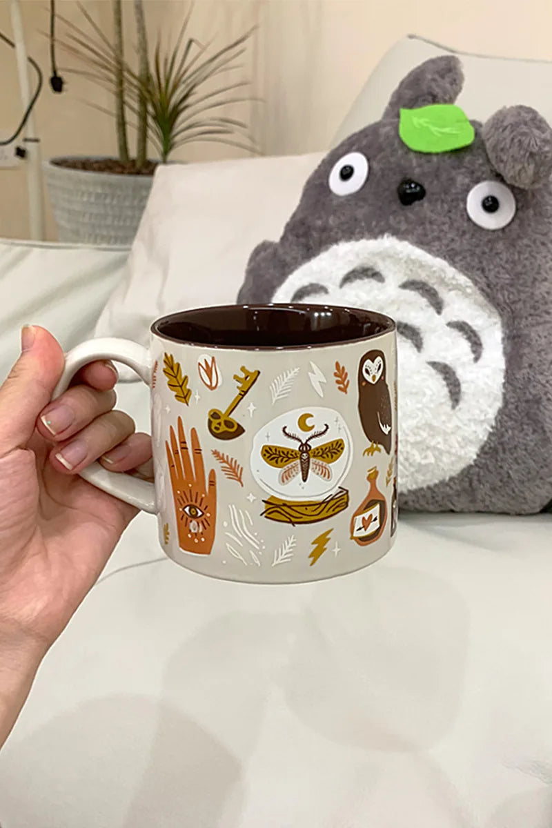 Cozy Autumn Ritual Mug & Saucer Set – Rustic Ceramic Fall & Halloween Coffee Cup