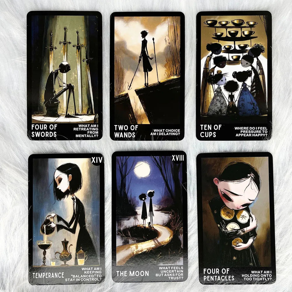 Shadow work tarot card deck measuring 13 x 8 cm, ideal for journaling, deep reflection, nervous system regulation, and chronic stress relief.