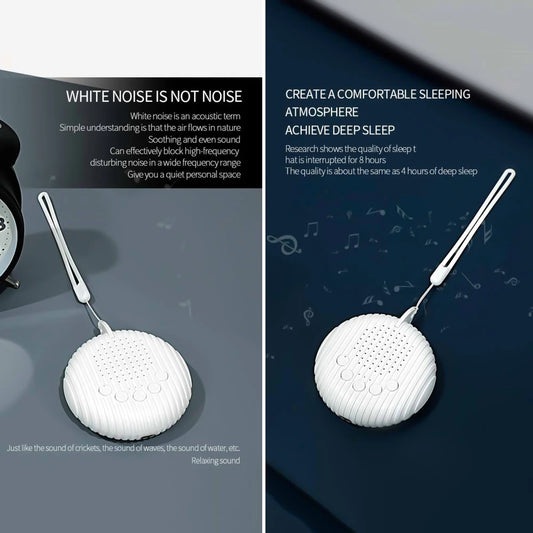 Small white rechargeable white noise machine for adults and babies, shown on a neutral background