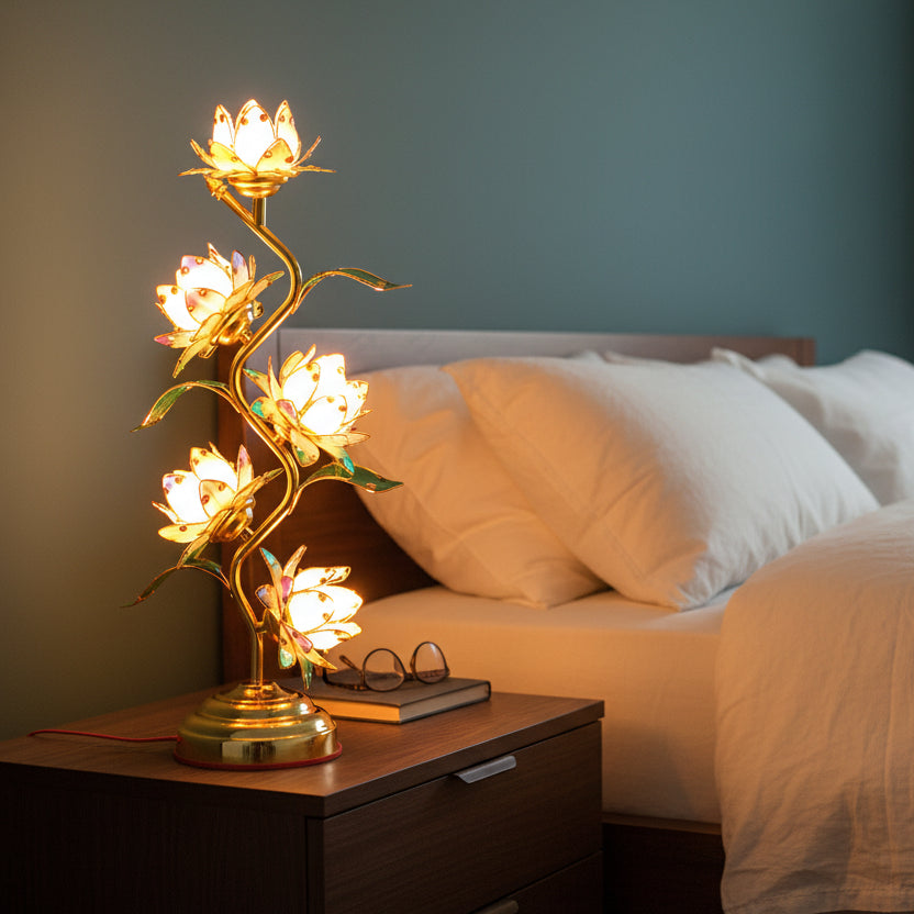 Soft glowing lotus lamp creating a peaceful, spa-like atmosphere.