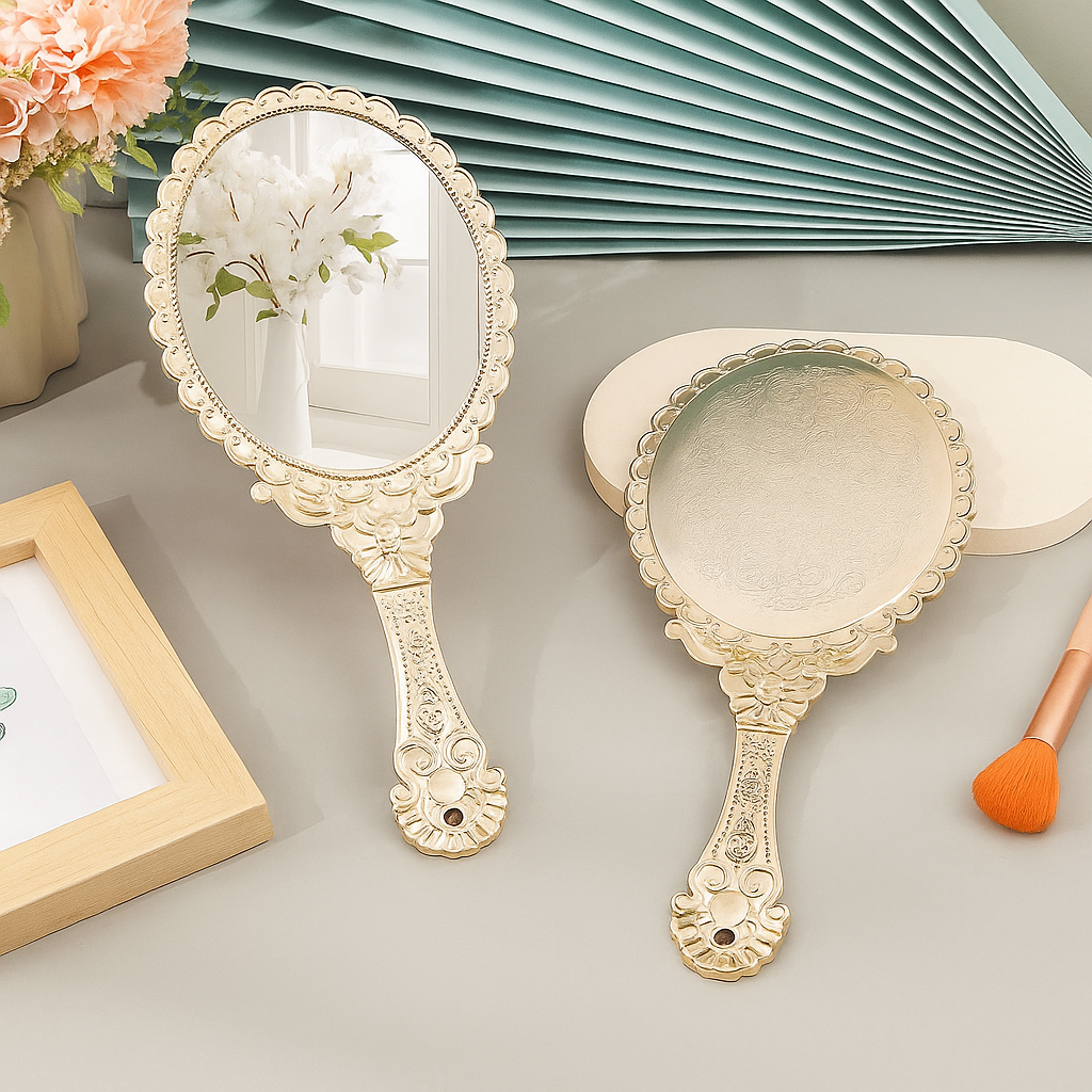 Vintage-style rose gold hand mirror, lightweight and portable for makeup and self-care
