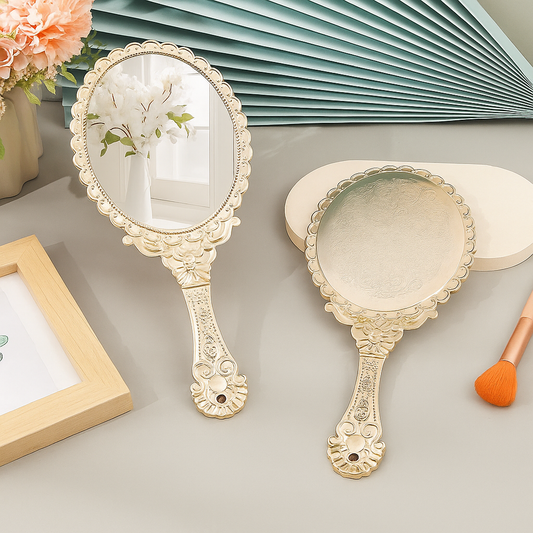 Vintage-style rose gold hand mirror, lightweight and portable for makeup and self-care