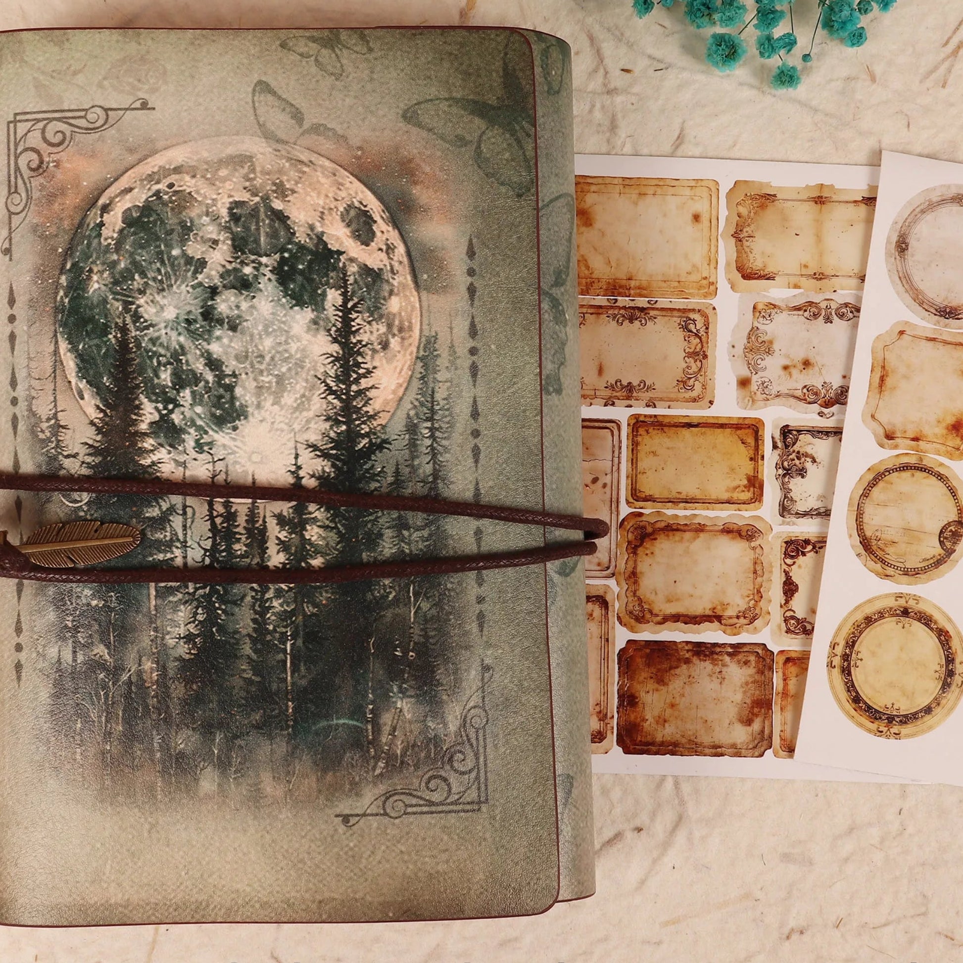 Vintage pocket journal with moon and pine tree design for mindful journaling and reducing overthinking