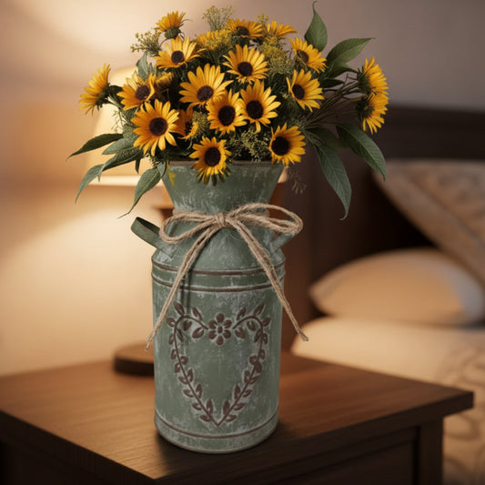 Vintage style sage green metal milk churn vase with jute bow, cottage core farmhouse decor vase for dried and artificial flowers
