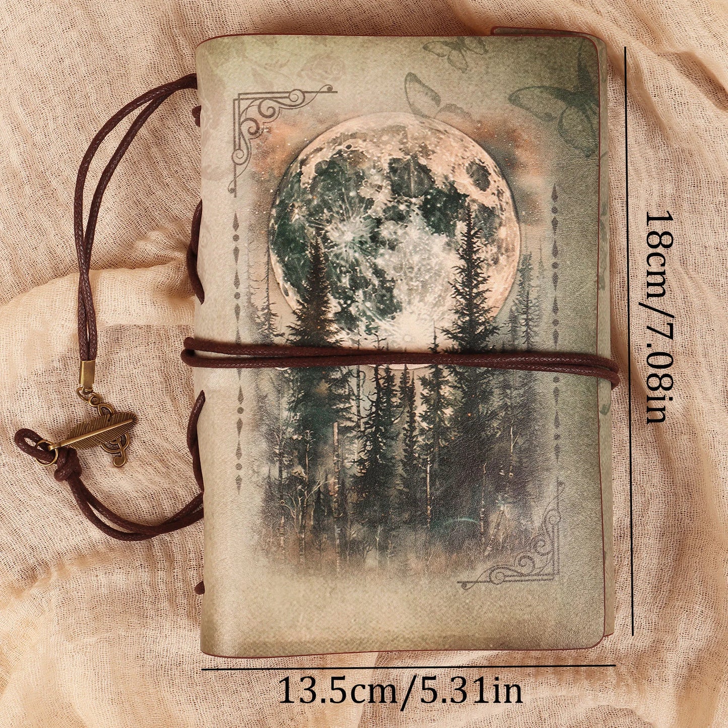 Waterproof recycled leather journal featuring nostalgic woodland moon and pine tree cover