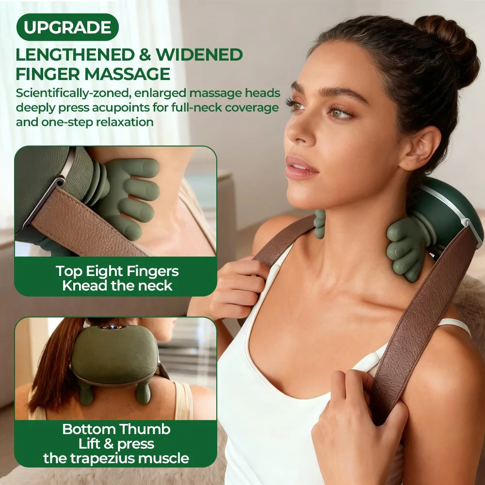 Wireless bionic finger neck and shoulder massager showing 4D hand-like kneading for stress relief