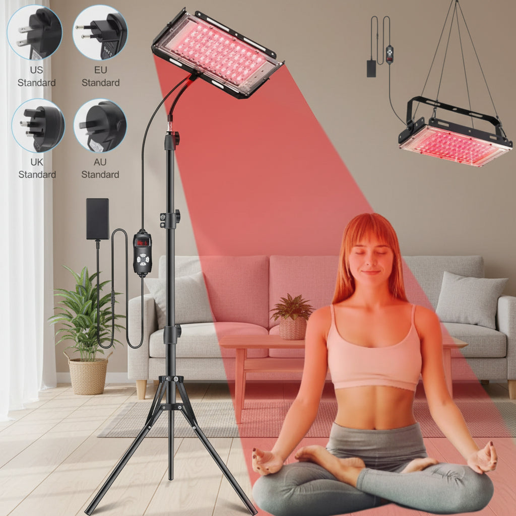 LED light therapy panel on a stand with a woman meditating, surrounded by plug adapter icons.