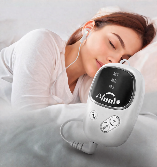 woman_sleeping_with_a_CES_sleep_aid_device_attached_to_his_ear_featuring_text_highlighting_benefits.